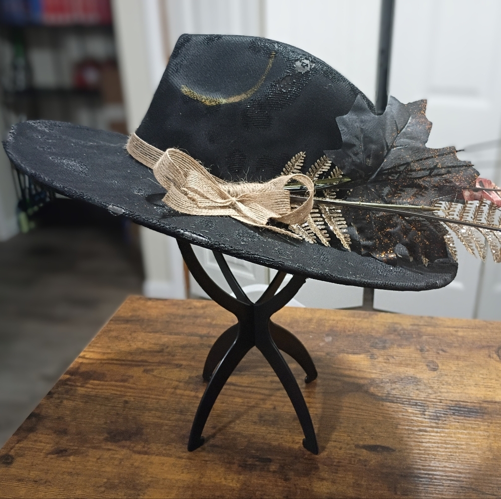 Black Wide Brim Hat with Leaf Accents and Blowtorch Distressed